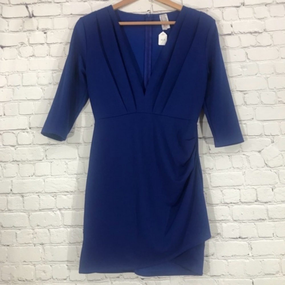 Blue Mini Dress Deep V Neck Wrap 3/4 Sleeve Small - Picture 4 of 5